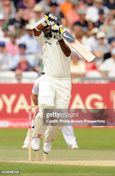 India's Abhinav Mukund is dismissed by England's Tim Bresnan during the 2nd Test match at Trent Bridge in Nottingham on August 1, 2011.