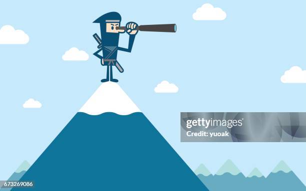 ninja looks through a telescope - crook peak stock illustrations