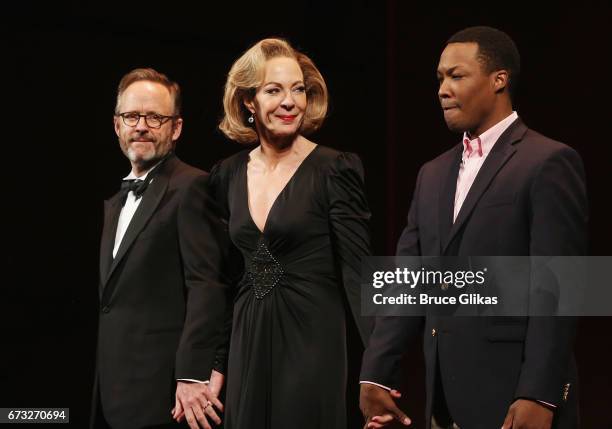 John Benjamin Hickey, Allison Janney and Corey Hawkins take their opening night curtain call for "Six Degrees of Separation" on Broadway at The...