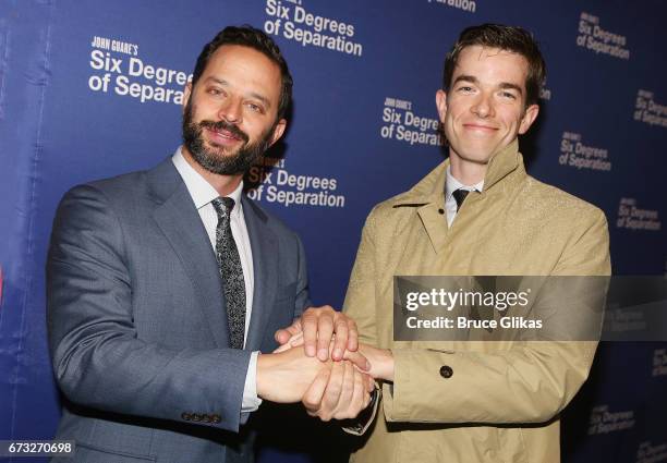 Nick Kroll and John Mulaney pose at the opening night for "Six Degrees of Separation" on Broadway at The Barrymore Theatre on April 25, 2017 in New...