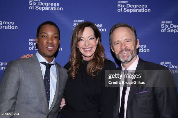 Corey Hawkins, Allison Janney and John Benjamin Hickey pose at the after party for "Six Degrees of Separation" on Broadway at Brasserie 8 1/2 on...