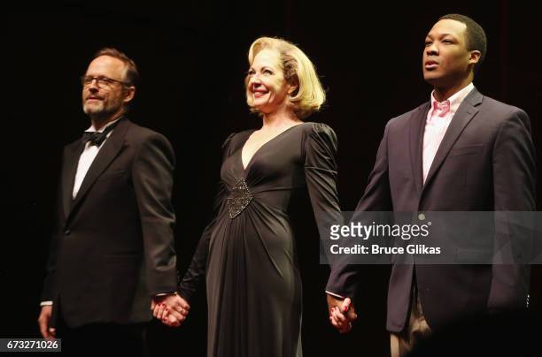 John Benjamin Hickey, Allison Janney and Corey Hawkins take their opening night curtain call for "Six Degrees of Separation" on Broadway at The...