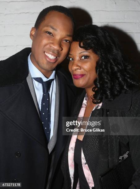 Corey Hawkins and his mother pose at the after party for "Six Degrees of Separation" on Broadway at Brasserie 8 1/2 on April 25, 2017 in New York...