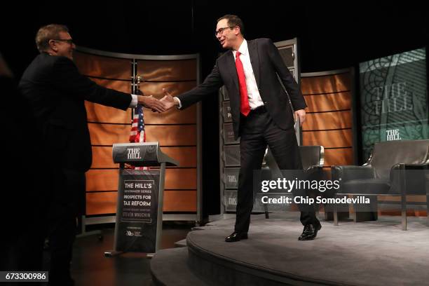 Treasury Secretary Steven Mnuchin leaves after participating in an interview during The Hill's Newsmaker Series "Prospects for Tax Reform" at the...