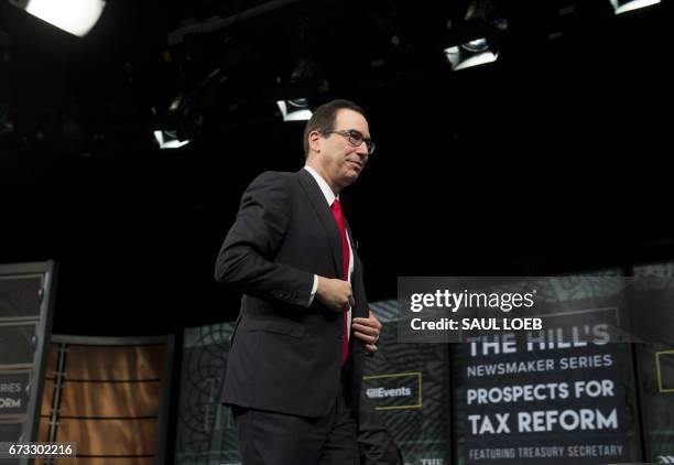 Treasury Secretary Steven Mnuchin leaves after speaking about the administration's tax reform plan during The Hill's Newsmaker Series at the Newseum...