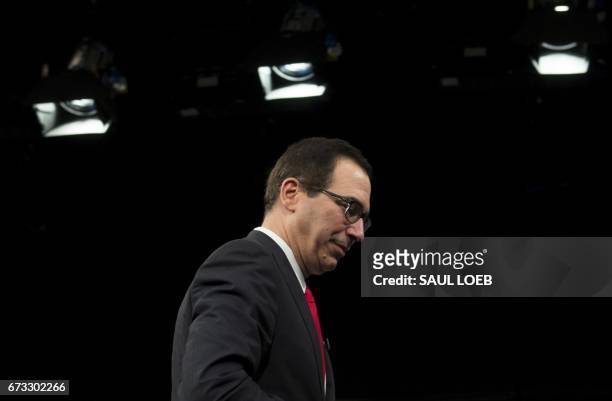 Treasury Secretary Steven Mnuchin leaves after speaking about the administration's tax reform plan during The Hill's Newsmaker Series at the Newseum...