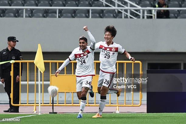 Maurinho of FC Seoul celebrates during 2017 AFC Champions League group match between Shanghai SIPG F.C. And F.C. Seoul at Shanghai Stadium on April...