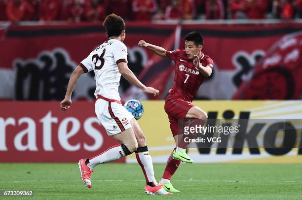 Wu Lei of Shanghai SIPG stops the ball during 2017 AFC Champions League group match between Shanghai SIPG F.C. And F.C. Seoul at Shanghai Stadium on...