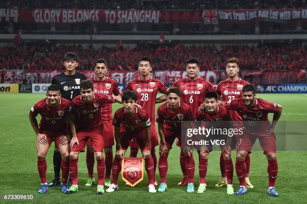 Players of Shanghai SIPG line up prior to 2017 AFC Champions League group match between Shanghai SIPG F.C. And F.C. Seoul at Shanghai Stadium on...