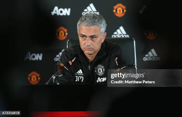 Manager Jose Mourinho of Manchester United speaks during a press conference at Aon Training Complex on April 26, 2017 in Manchester, England.