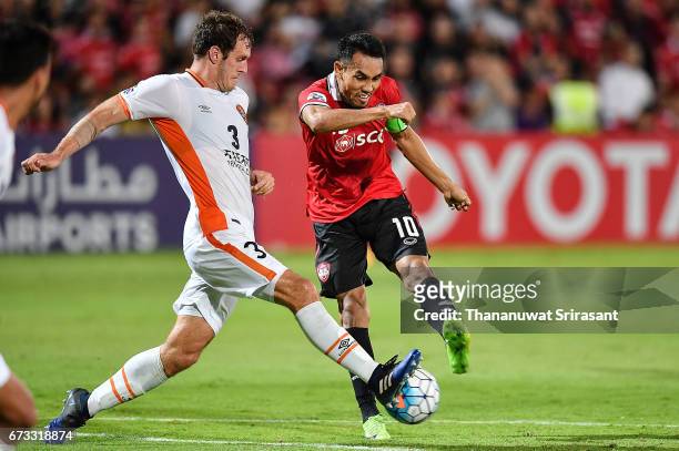 Teerasil Dangda of Muangthong United kicks the ball during the AFC Asian Champions League Group Stage match between Muangthong United and the...