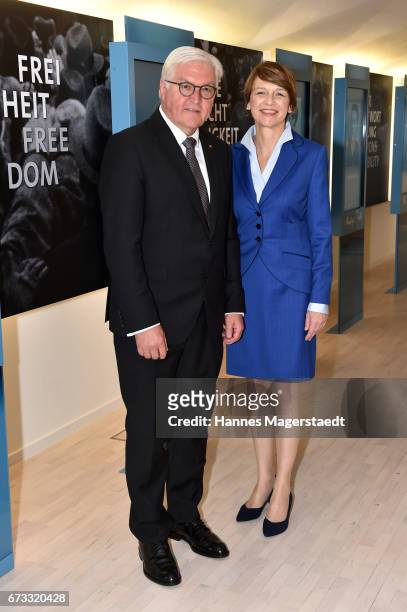 German President Frank-Walter Steinmeier and his wife Elke Buedenbender visit the memorial Weisse Rose at Ludwig-Maximilian-Universitaet on April 26,...