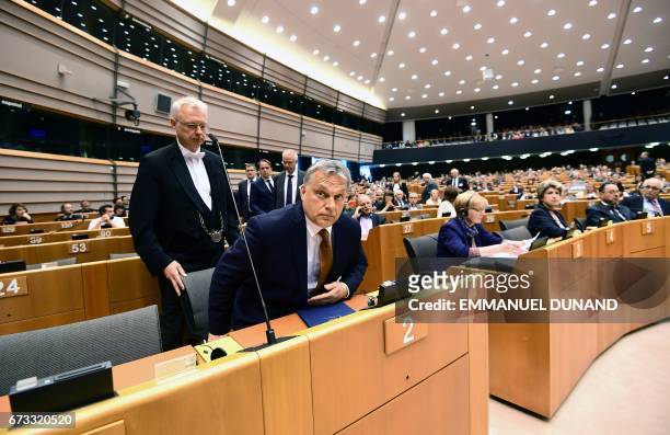 Hungary's Prime Minister Viktor Orban arrives to address the planery session at the European Parliament on the situation in Hungary, in Brussels on...