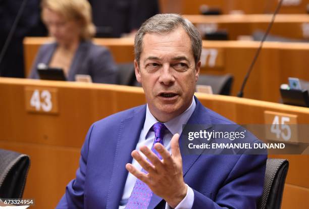 British Euroskeptic EU parliament member Nigel Farage takes part in a planery session at the European Parliament on the situation in Hungary, in...