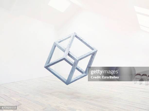 floating impossible cube in clean white space. - thinking outside the box englische redewendung stock-fotos und bilder