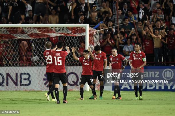 Chanathip Songkrasin of Muangthong United celebrates scoring a goal against Brisbane Roar during the AFC Asian Champions League football match...