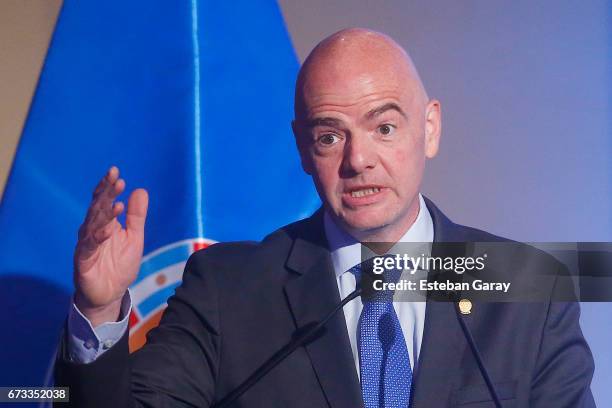 President Gianni Infantino speaks during the 67th CONMEBOL Congress at Sheraton Hotel on April 26, 2017 in Santiago, Chile.