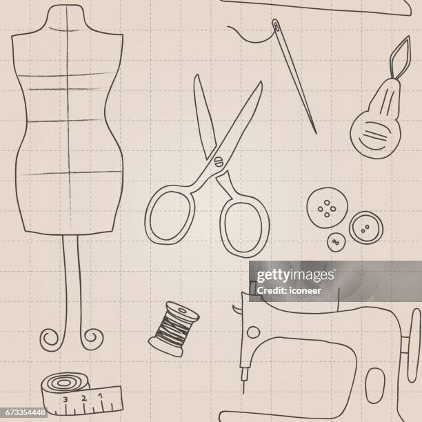 sewing utilities beige doodle wallpaper seamless pattern retro design - spool thread stock illustrations