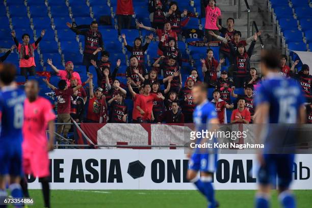 Kashima Antlers supporters cheer their team during the AFC Champions League Group E match between Ulsan Hyundai FC v Kashima Antlers at the Ulsan...
