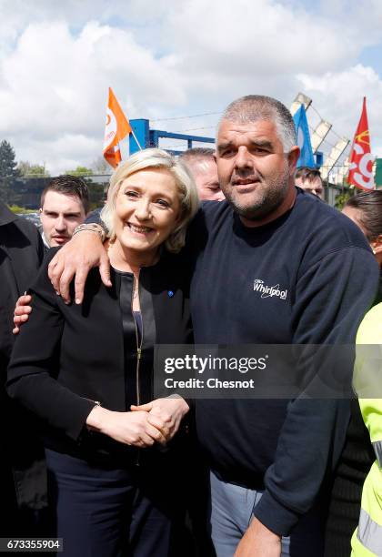 French far-right political party National Front and President French presidential election candidate, Marine Le Pen poses for selfies with strike...