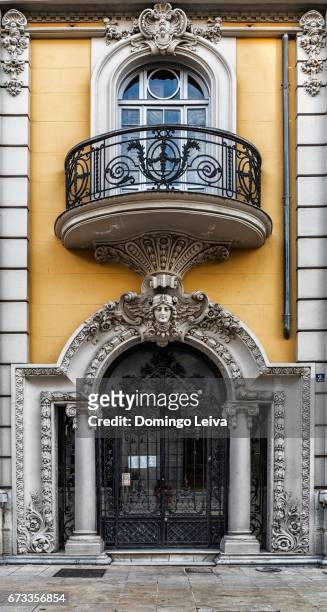 palacio de balsera facade, aviles, spain - paisaje urbano stockfoto's en -beelden