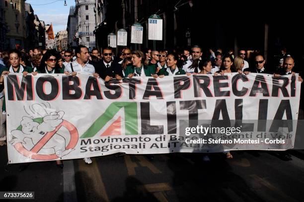 Air hostesses and employees of Italy's flag carrier Alitalia demonstrate in front of the Italian Prime Ministry, the Palazzo Chigi. Last-gasp...