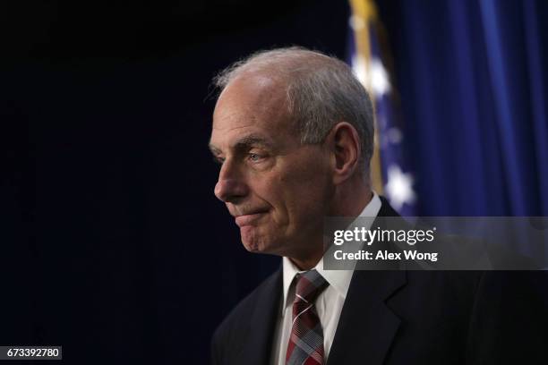 Homeland Security Secretary John Kelly leaves after a news conference April 26, 2017 in Washington, DC. Secretary Kelly announced the opening of the...