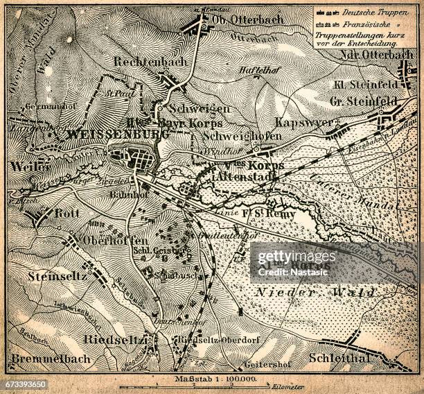 battle of wissembourg or battle of weissenburg map - lorraine stock illustrations