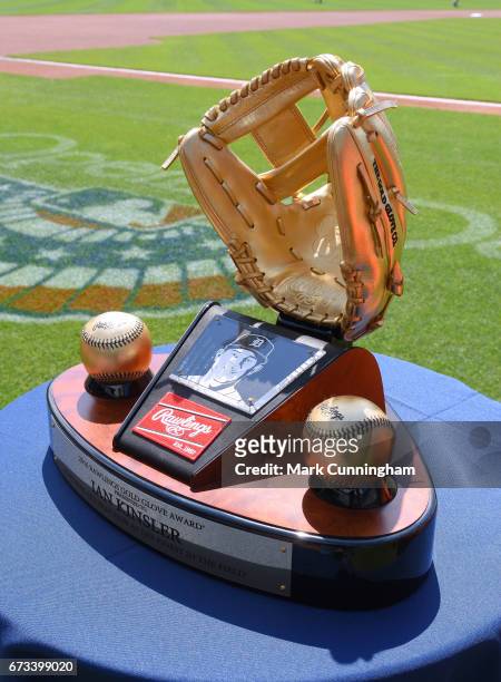 Detailed view of the Rawlings Gold Glove Award to be presented to Ian Kinsler of the Detroit Tigers prior to the game against the Minnesota Twins at...