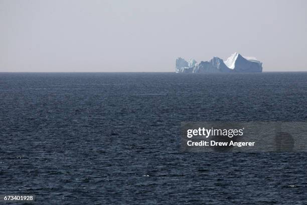 Large iceberg floats in the distance in the Atlantic Ocean, April 26, 2017 off the coast of Ferryland, Newfoundland, Canada. Icebergs break off from...