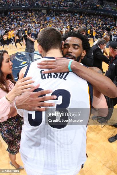 Mike Conley hugs Marc Gasol of the Memphis Grizzlies after defeating the San Antonio Spurs in Game Four of the Eastern Conference Quarterfinals of...