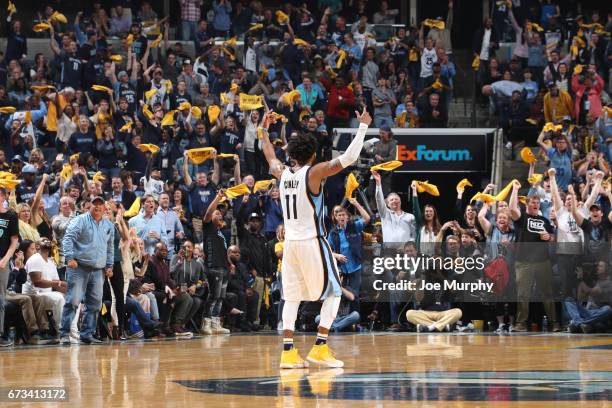 Mike Conley of the Memphis Grizzlies celebrates during the game against the San Antonio Spurs in Game Four of the Eastern Conference Quarterfinals of...