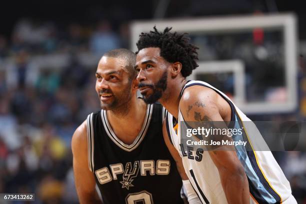 Mike Conley of the Memphis Grizzlies and Tony Parker of the San Antonio Spurs in Game Four of the Eastern Conference Quarterfinals of the 2017 NBA...