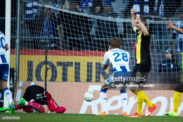 Thomas Rogne of IFK Goteborg scores a own goal during the Allsvenskan match between IFK Goteborg and Hammarby IF at Gamla Ullevi on April 26, 2017 in...