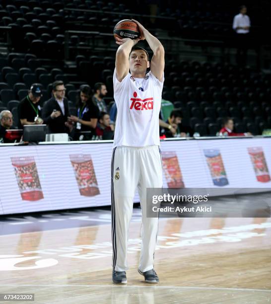 Jonas Maciulis, #8 of Real Madrid warms-up prior to the 2016/2017 Turkish Airlines EuroLeague Playoffs leg 3 game between Darussafaka Dogus Istanbul...