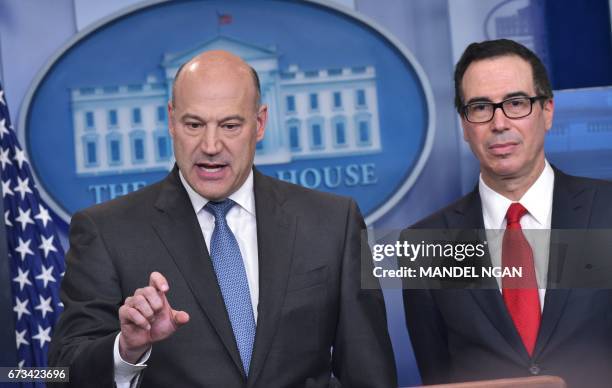 Chief Economic Advisor Gary Cohn and Treasury Secretary Steven Mnuchin speaks in the Brady Briefing Room on US President Donald Trump's tax reform...