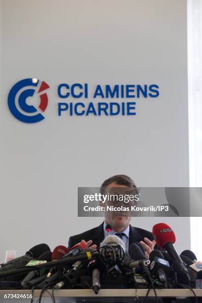 Founder and Leader of the political movement 'En Marche !' and presidential candidate Emmanuel Macron meets the Whirlpool Employee Inter union at the...