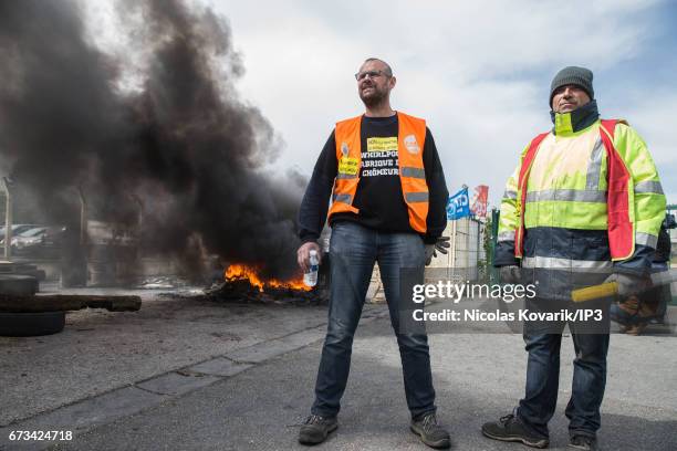 Founder and Leader of the political movement 'En Marche !' and presidential candidate Emmanuel Macron meets the Whirlpool Employee Inter union at the...