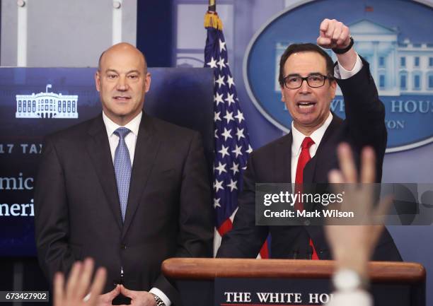 Secretary of the Treasury Steven Mnuchin and National Economic Director Gary Cohn speak about President Donald Trump's new tax reform plan during a...