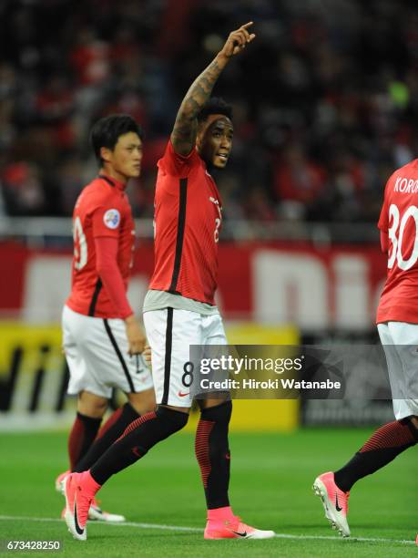 Rafael Silva of Urawa Red Diamonds celebrates scoring his team`s fourth goal during the AFC Champions League Group F match between Urawa Red Diamonds...