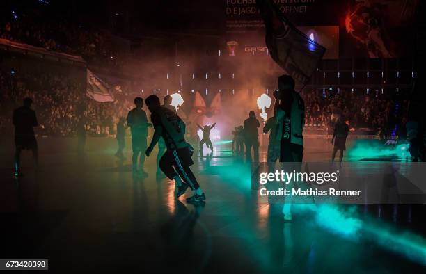 Pregame ceremonies before the game between Fuechse Berlin and TSV Hannover-Burgdorf on April 26, 2017 in Berlin, Germany.