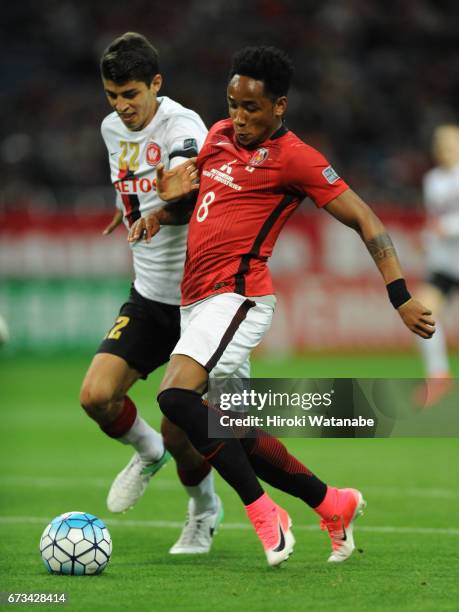 Jonathan Aspropotamitis of Western Sydney and Rafael Silva of Urawa Red Diamonds compete for the ball during the AFC Champions League Group F match...