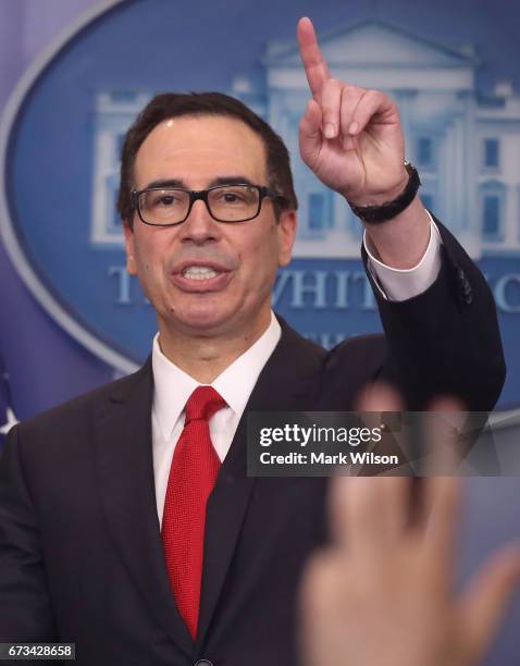 Secretary of the Treasury Steven Mnuchin speaks about President Trump's new tax reform plan, at the White House, on April 26, 2017 in Washington, DC.