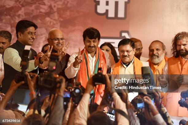 Delhi BJP President Manoj Tiwari during a press conference at Delhi BJP Office after party's victory in MCD elections on April 26, 2017 in New Delhi,...