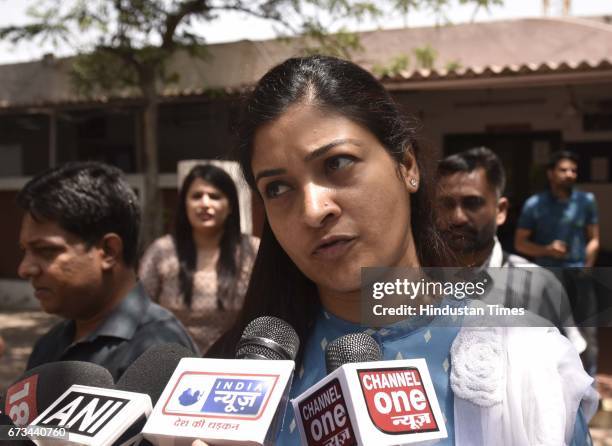 Leader Alka Lamba talking to media persons during the MCD 2017 election results at DDU Marg on April 26, 2017 in New Delhi, India. It’s a third term...