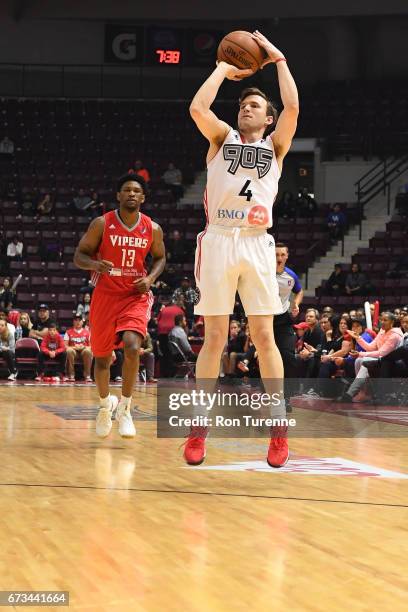 Brady Heslip of the Raptors 905 shoots the ball against the Rio Grande Valley Vipers during Game Two of the D-League Finals at the Hershey Centre on...