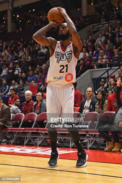 Leslie of the Raptors 905 shoots the ball against the Rio Grande Valley Vipers during Game Two of the D-League Finals at the Hershey Centre on April...