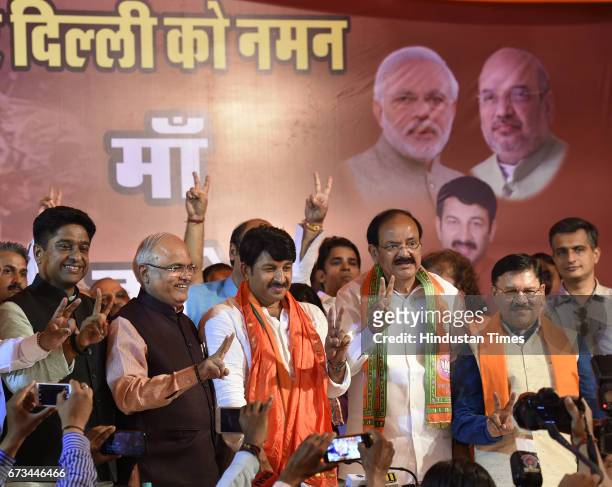 Delhi Pradesh President Manoj Tiwari after MCD results during his press conference at party office on April 26, 2017 in New Delhi, India. It’s a...