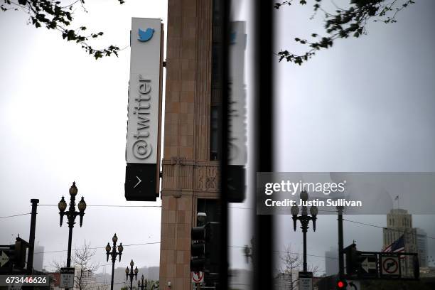 Sign is posted on the exterior of Twitter headquarters on April 26, 2017 in San Francisco, California. Twitter reported better-than-expected first...