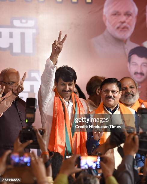 Delhi Pradesh President Manoj Tiwari after MCD results during his press conference at party office on April 26, 2017 in New Delhi, India. It’s a...